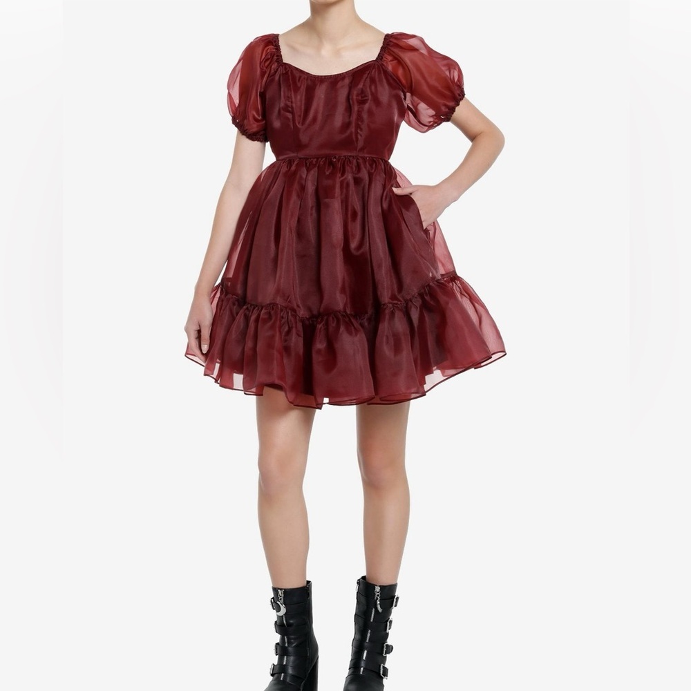 Burgundy organza puff sleeve baby doll style dress nwot - Picture 3 of 4